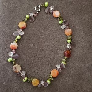 Multi color green,peach,clear polished beaded necklace
